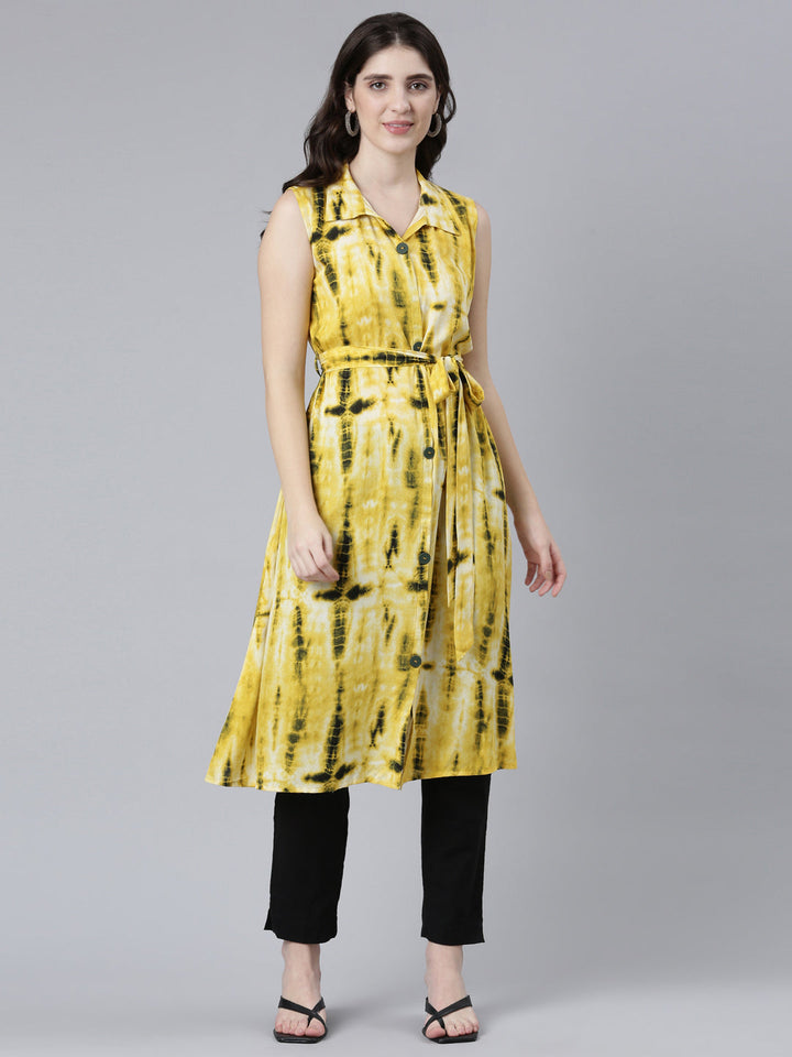 Neerus Yellow rayon printed A-line kurti - front view