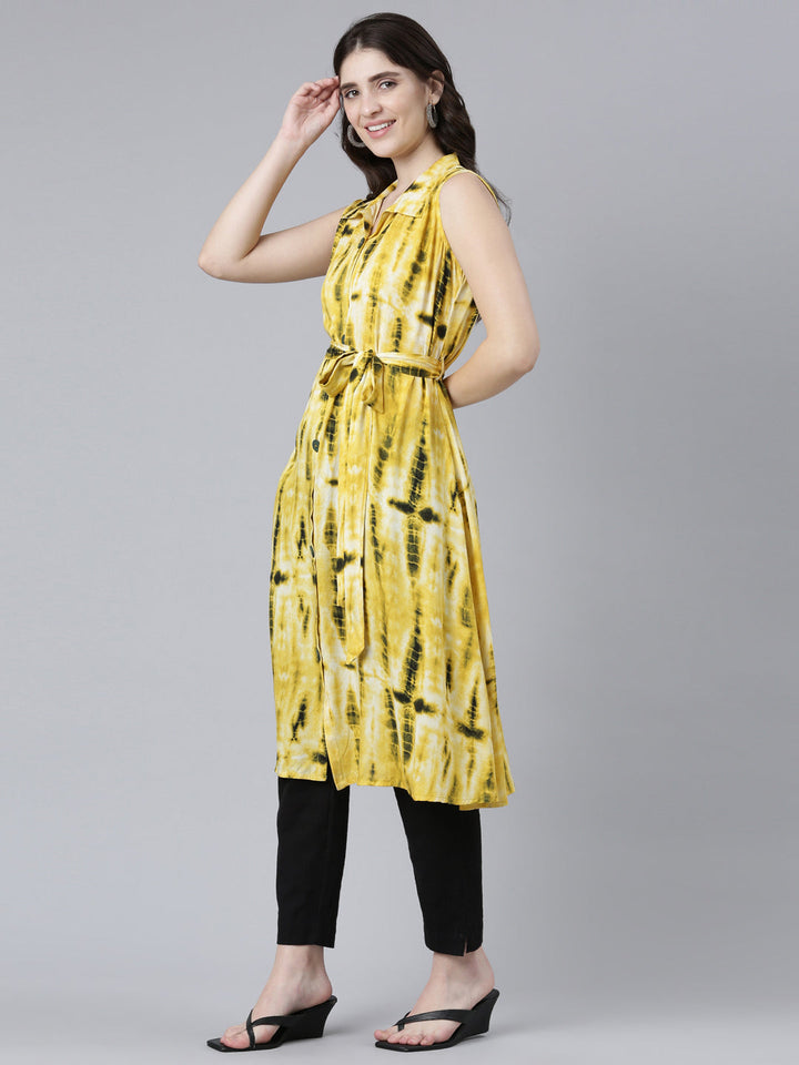 Neerus Yellow rayon printed A-line kurti - back view