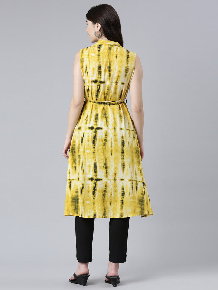 Neerus Yellow rayon printed A-line kurti - side view