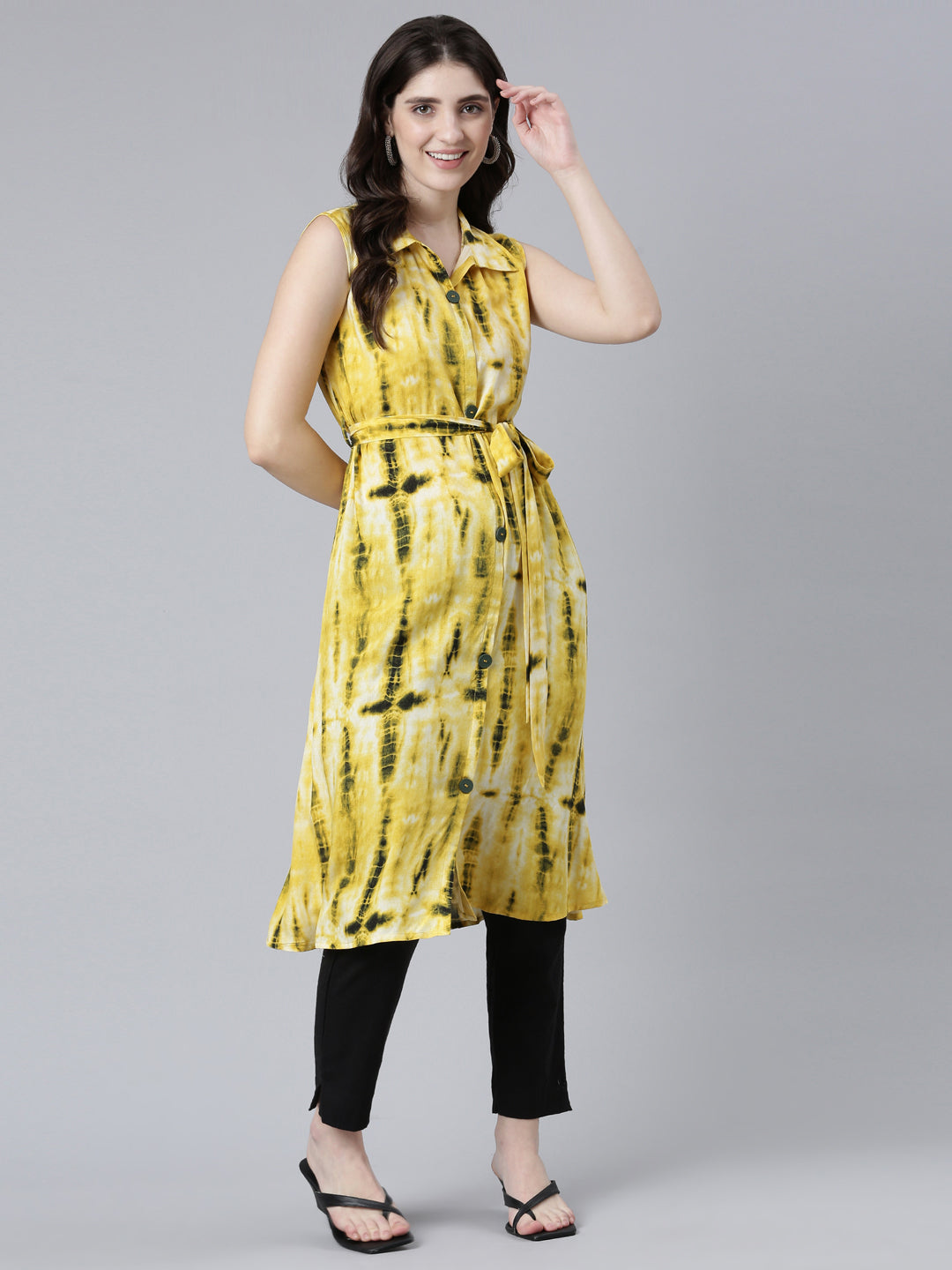 Neerus Yellow rayon printed A-line kurti - detail view 2