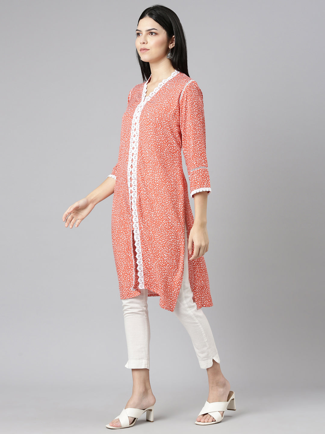 Neerus Orange rayon printed straight kurti - back view