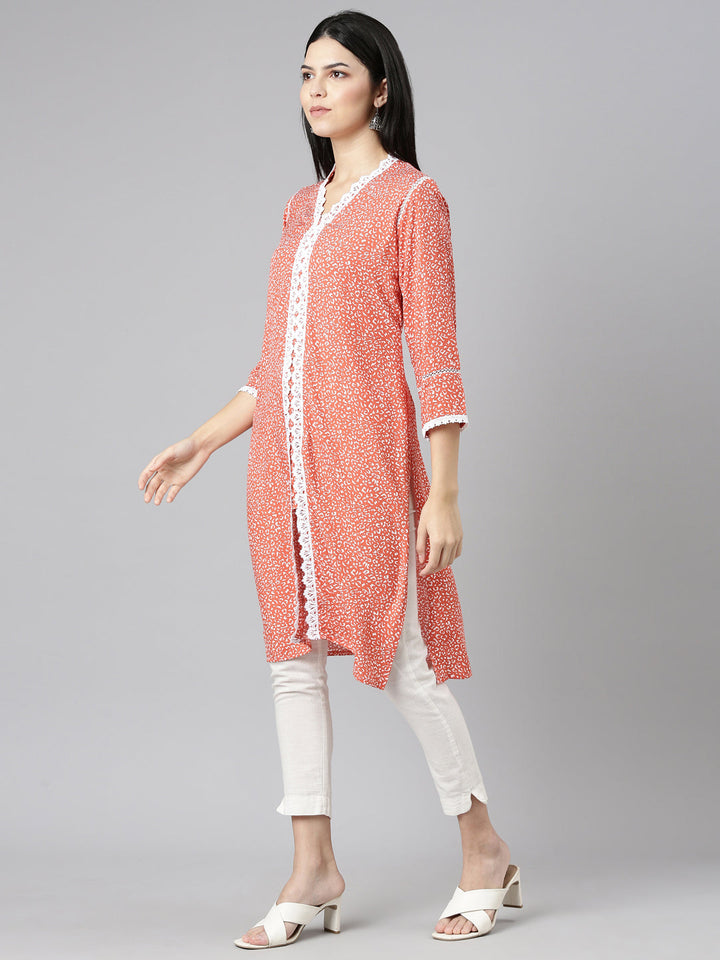 Neerus Orange rayon printed straight kurti - back view