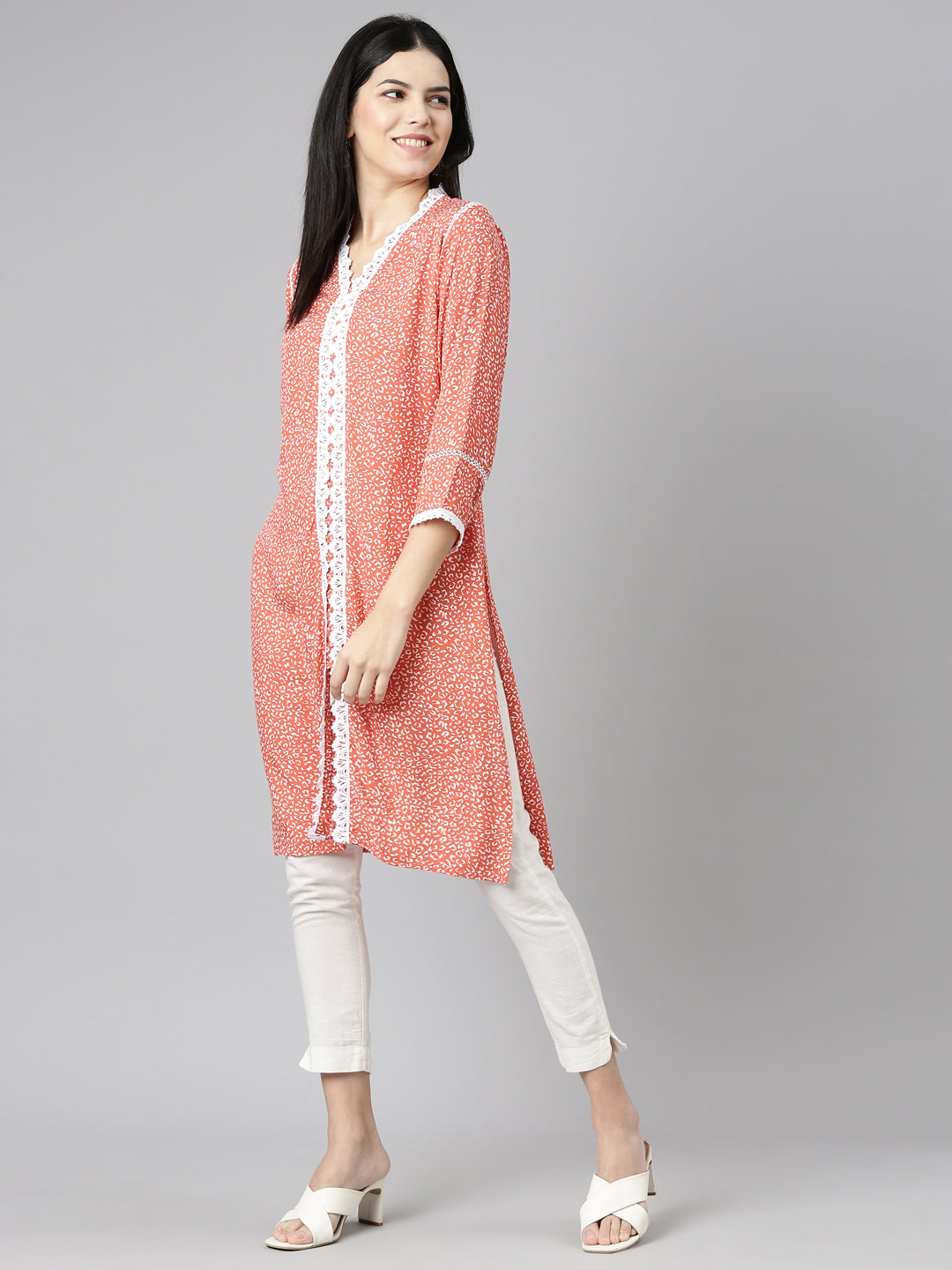 Neerus Orange rayon printed straight kurti - detail view 2