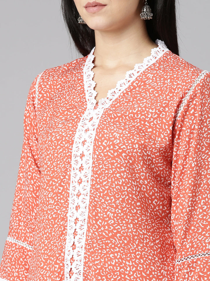 Neerus Orange rayon printed straight kurti - detail view 1