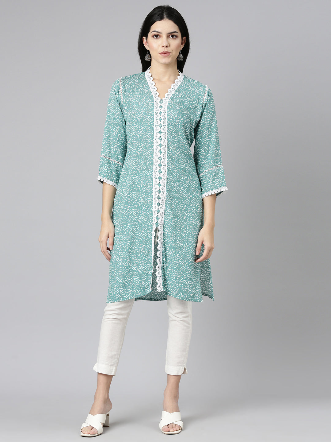 Neerus Green printed straight kurti - front view