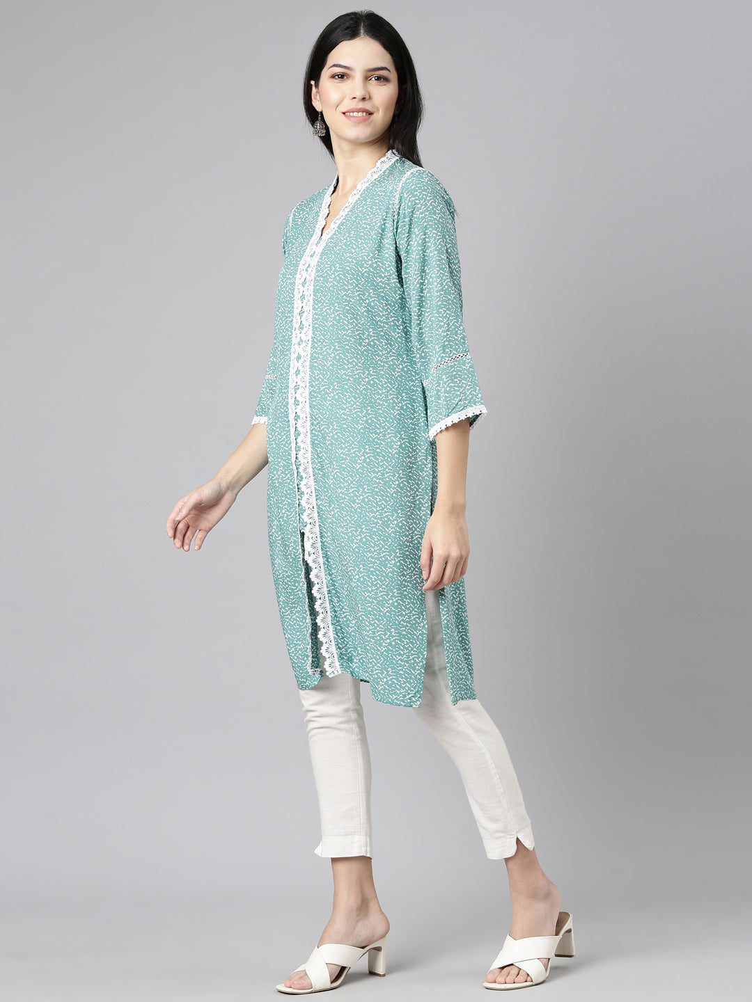 Neerus Green printed straight kurti - back view