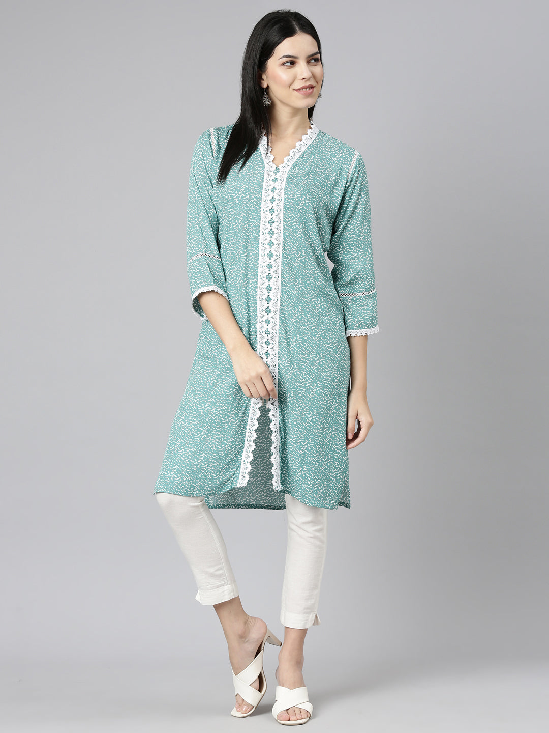 Neerus Green printed straight kurti - detail view 2