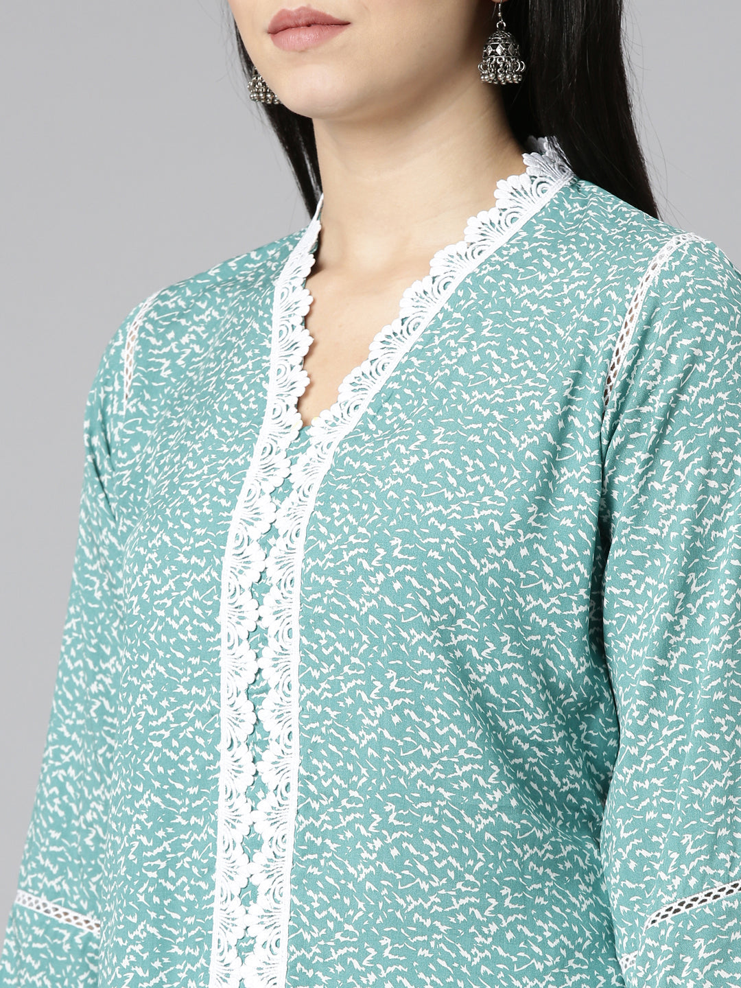 Neerus Green printed straight kurti - detail view 1