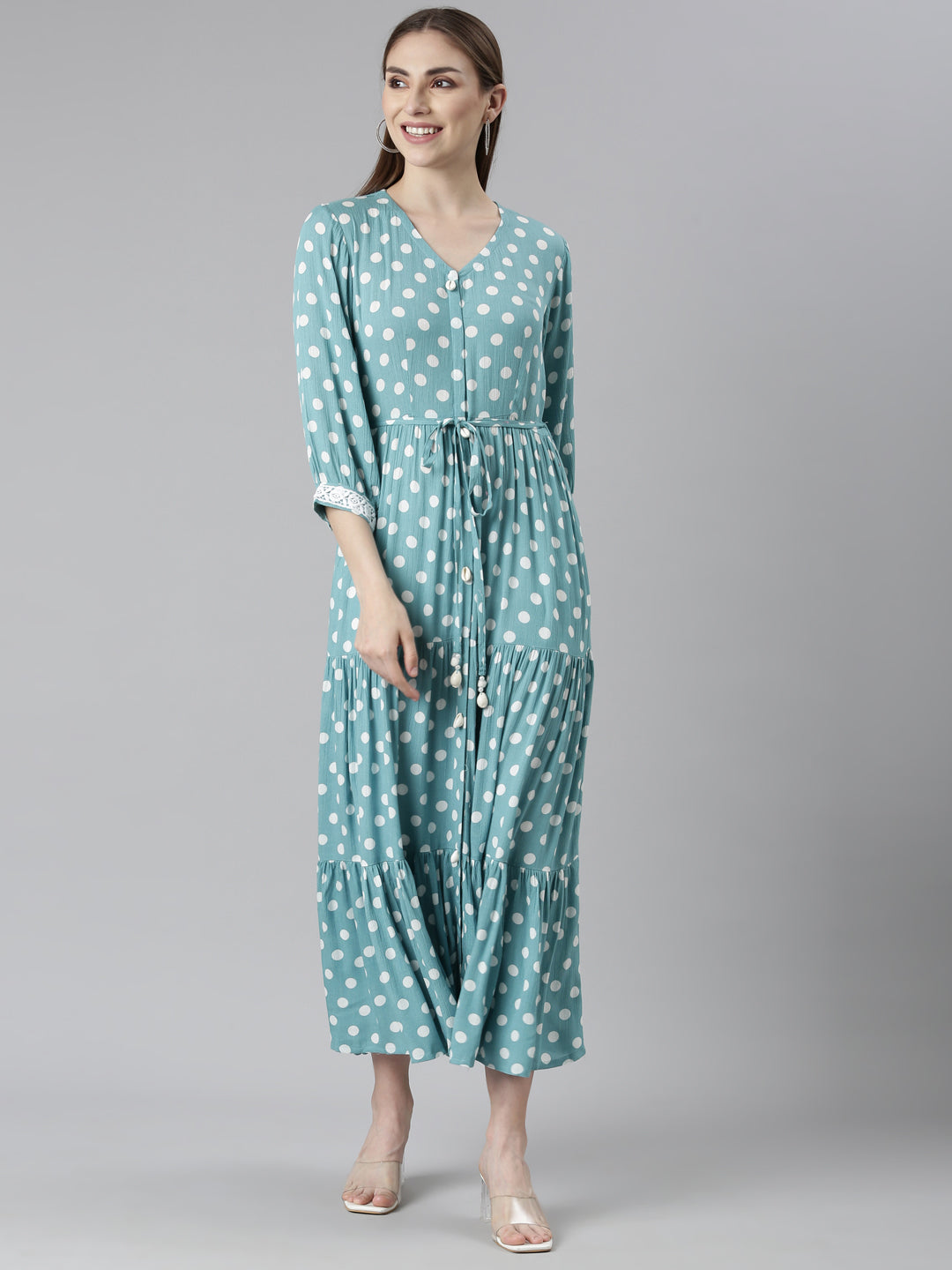Neerus Green rayon printed straight dress - front view