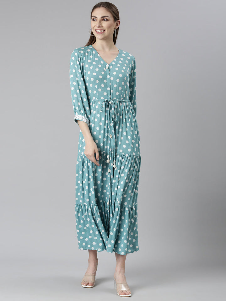 Neerus Green rayon printed straight dress - front view