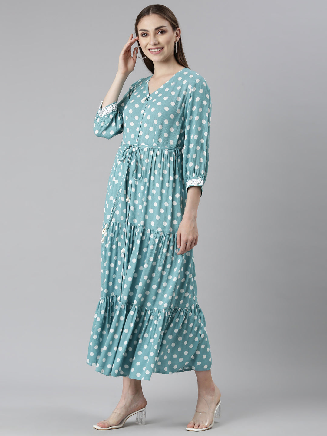 Neerus Green rayon printed straight dress - detail view 3