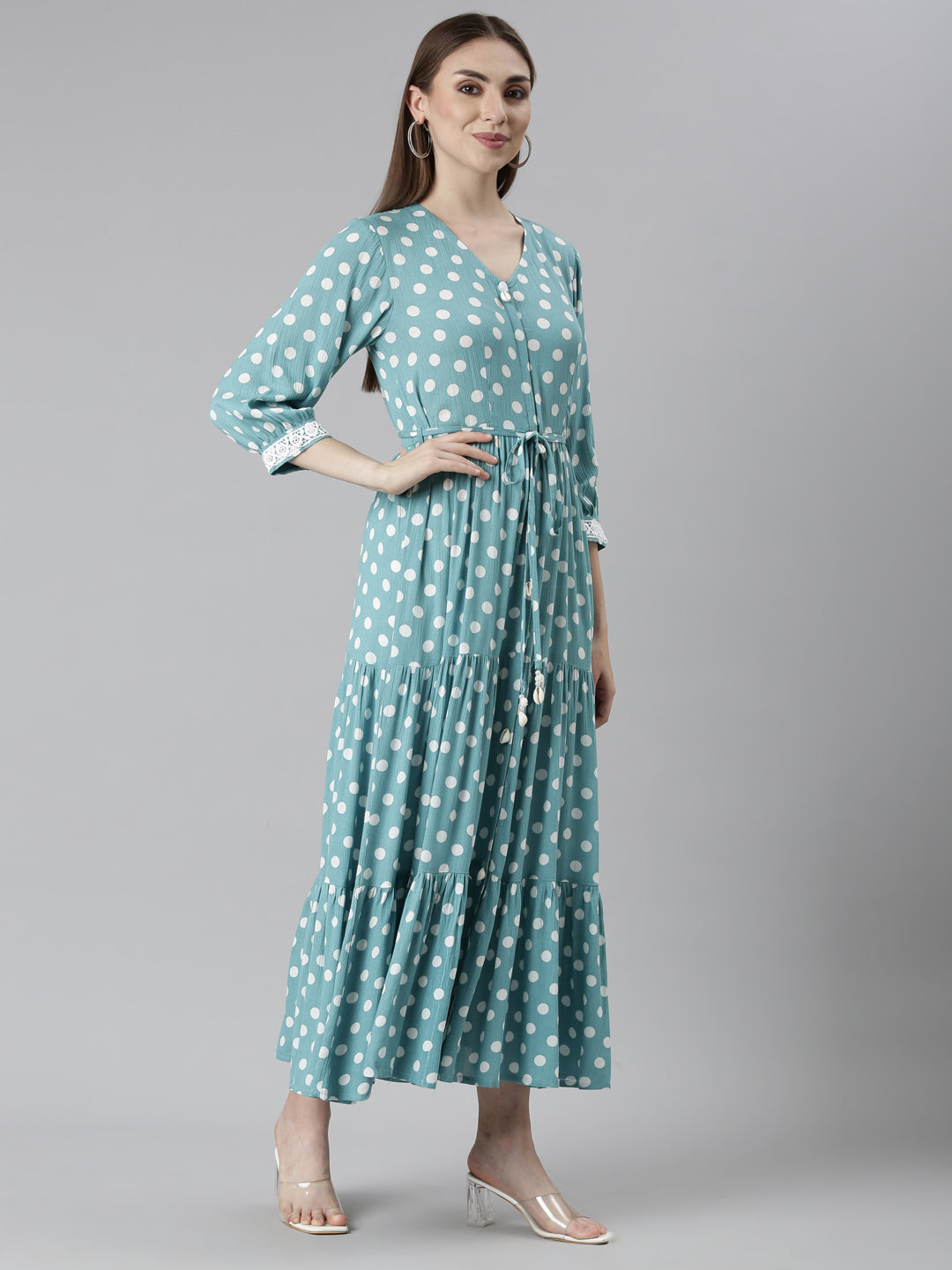 Neerus Green rayon printed straight dress - back view