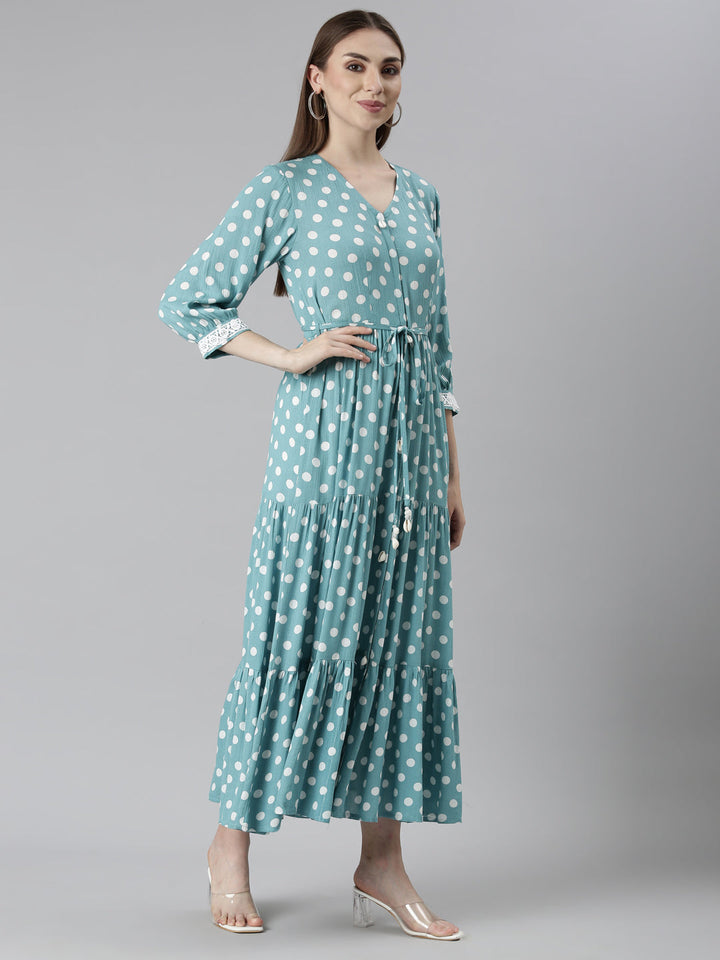 Neerus Green rayon printed straight dress - back view