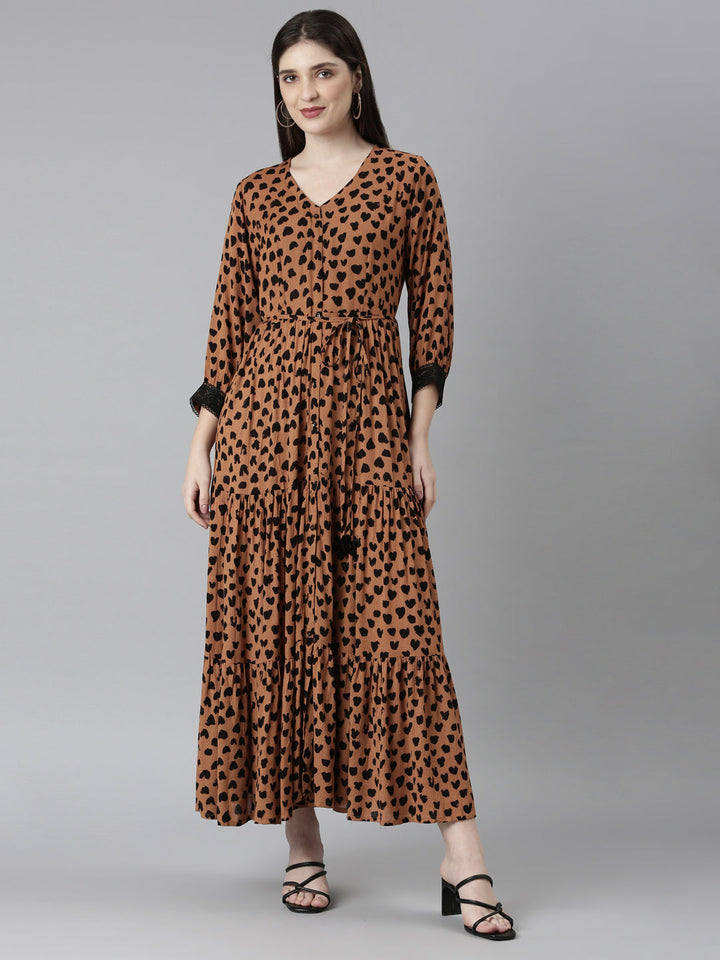 Neerus Brown Straight Casual Polka Dots Dresses