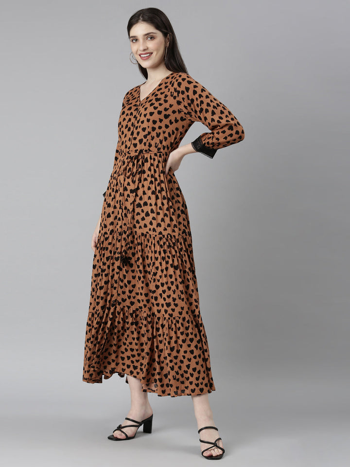 Neerus Brown Straight Casual Polka Dots Dresses
