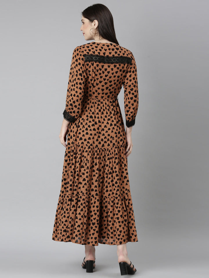 Neerus Brown Straight Casual Polka Dots Dresses