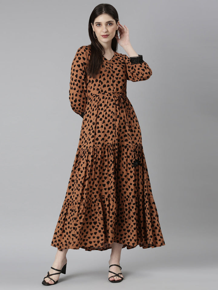 Neerus Brown Straight Casual Polka Dots Dresses
