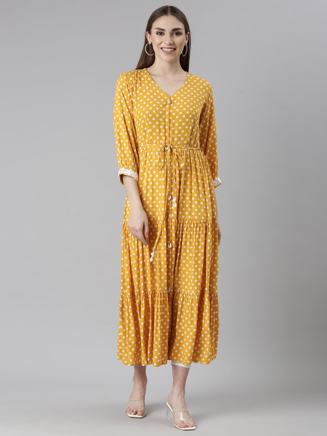 Neerus Yellow rayon printed polka dot straight dress - front view