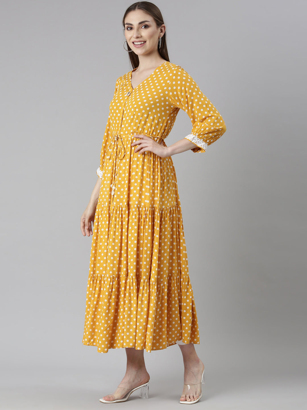 Neerus Yellow rayon printed polka dot straight dress - back view