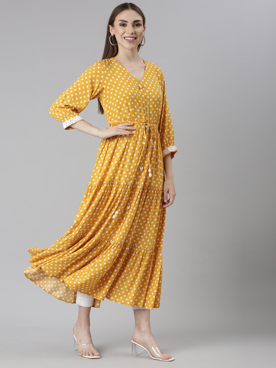 Neerus Yellow rayon printed polka dot straight dress - side view