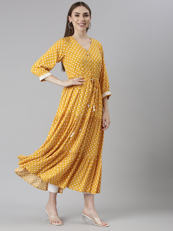 Neerus Yellow rayon printed polka dot straight dress - side view