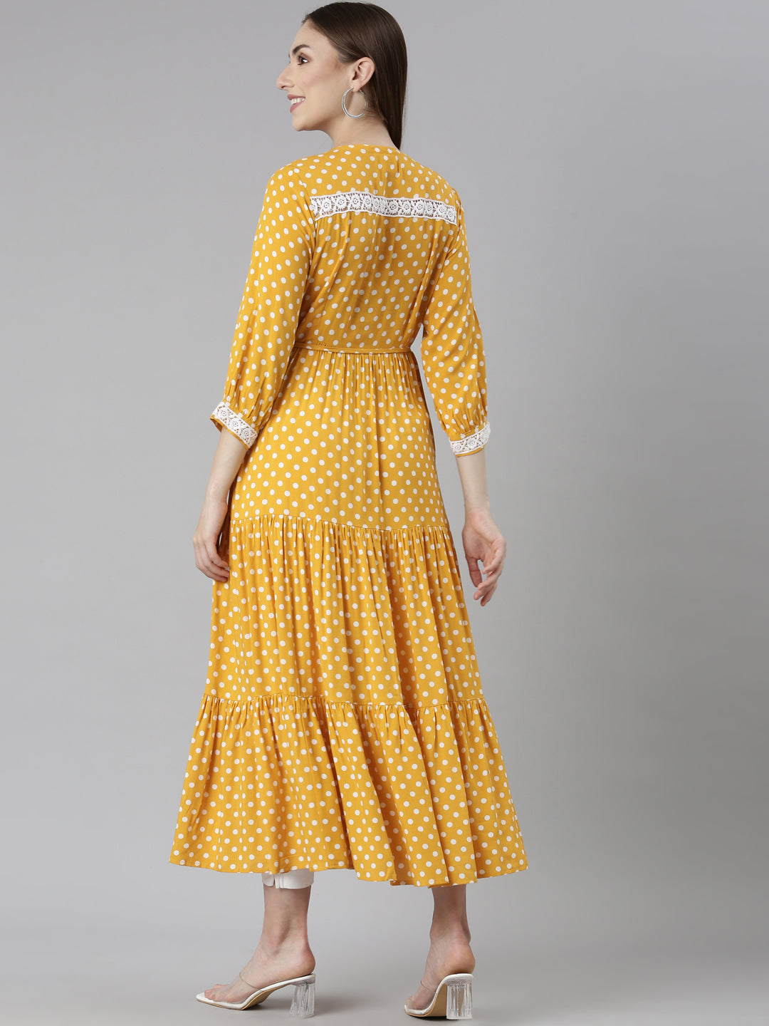 Neerus Yellow rayon printed polka dot straight dress - detail view 1