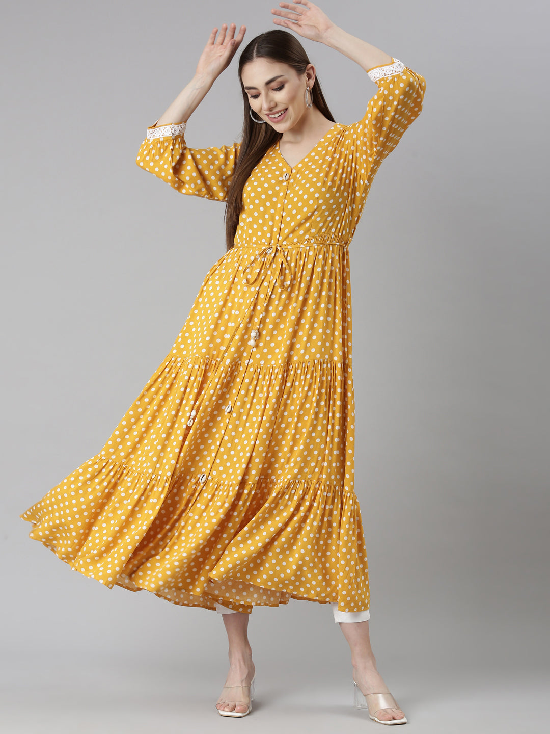 Neerus Yellow rayon printed polka dot straight dress - detail view 2