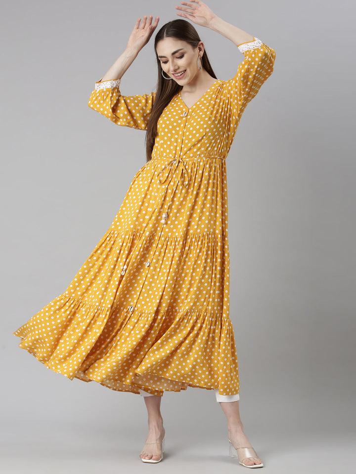 Neerus Yellow rayon printed polka dot straight dress - detail view 2
