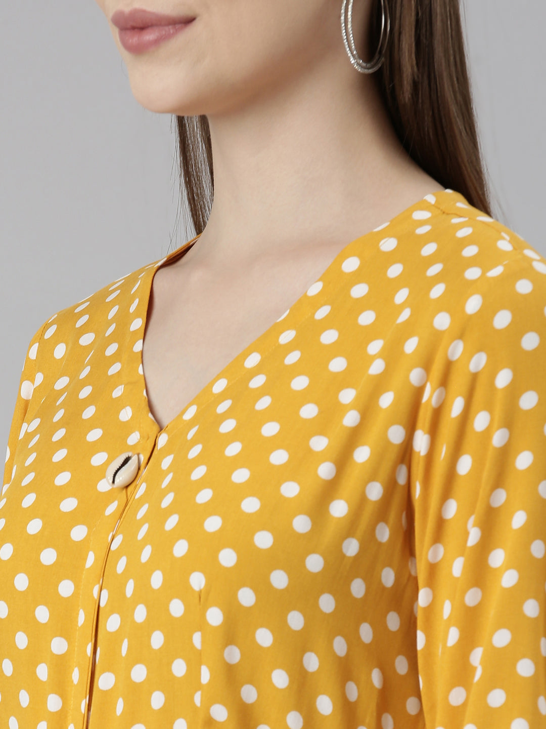 Neerus Yellow rayon printed polka dot straight dress - detail view 3