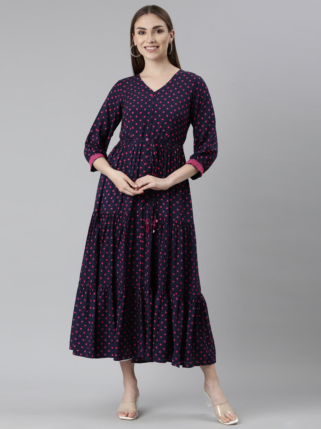 Neerus Blue rayon printed dress - front view