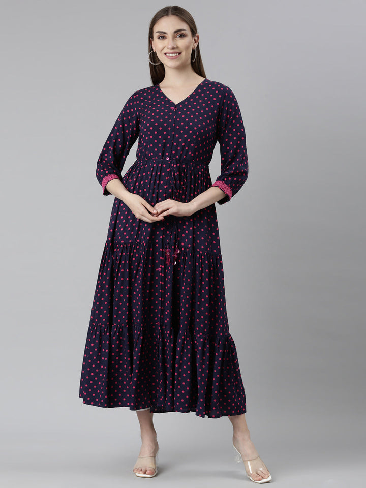 Neerus Blue rayon printed dress - front view