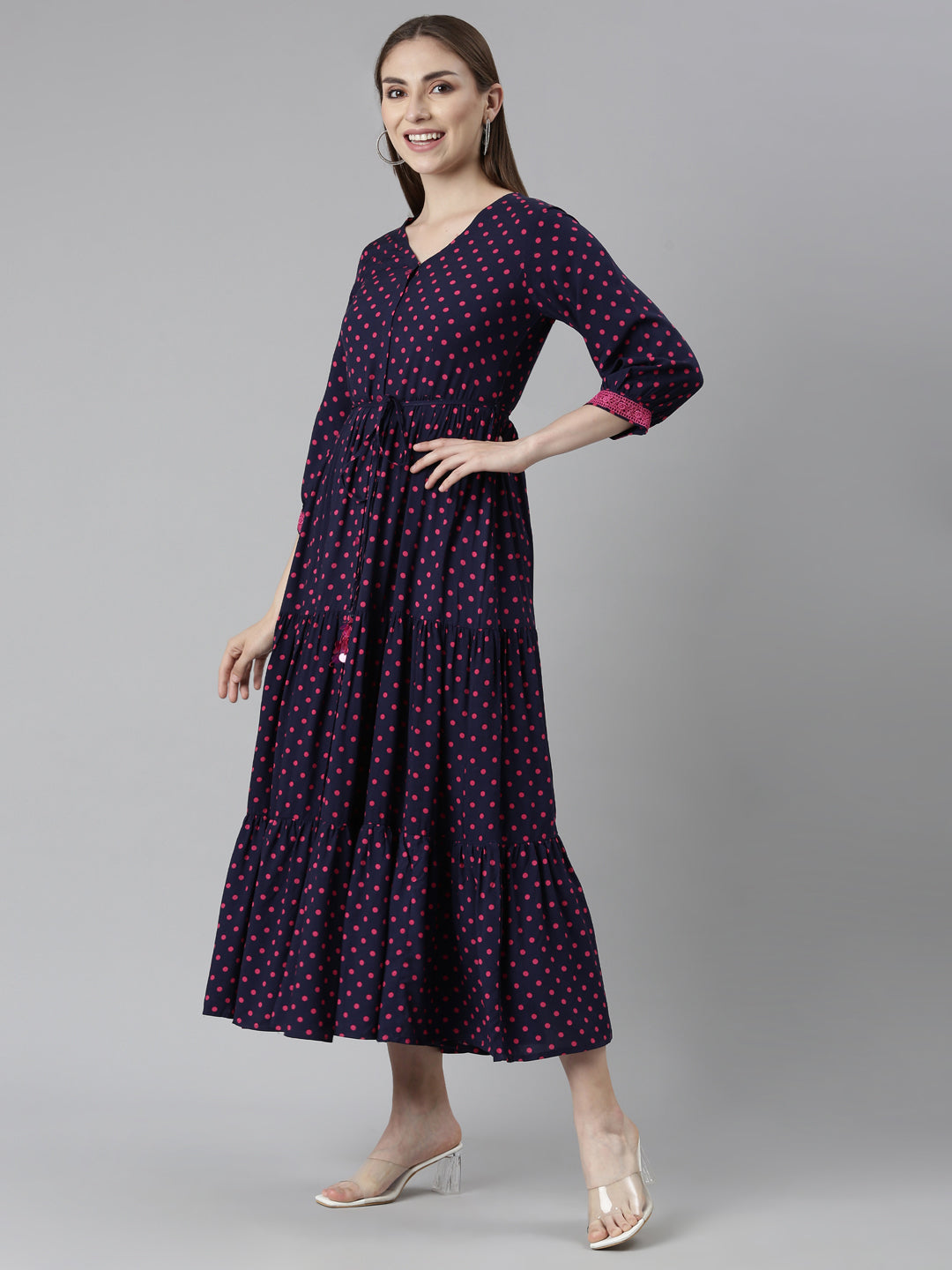 Neerus Blue rayon printed dress - back view
