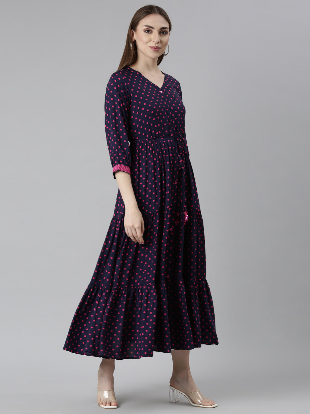 Neerus Blue rayon printed dress - side view
