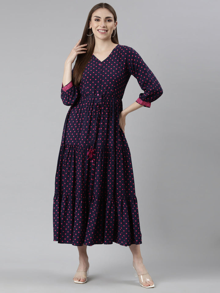 Neerus Blue rayon printed dress - detail view 2