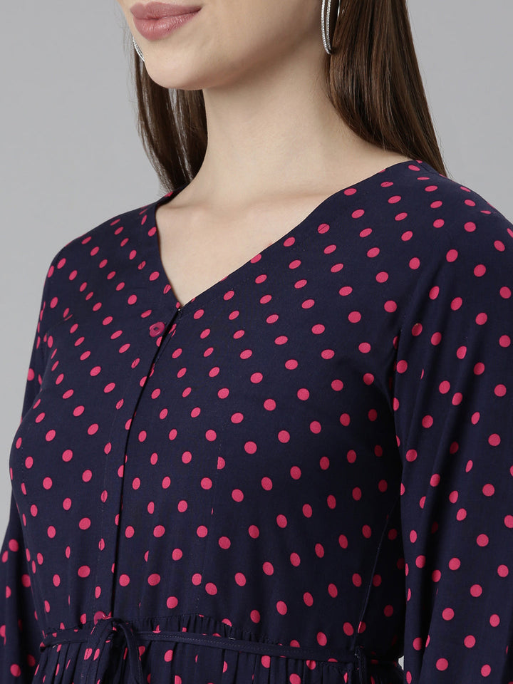 Neerus Blue rayon printed dress - detail view 3