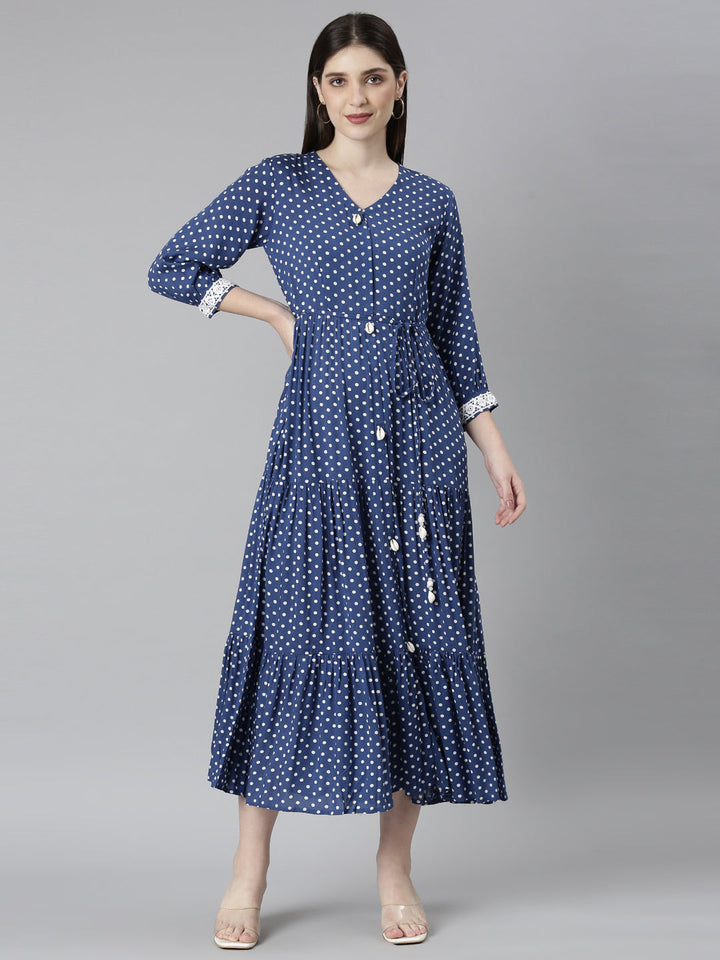 Neerus Blue rayon printed straight dress - front view