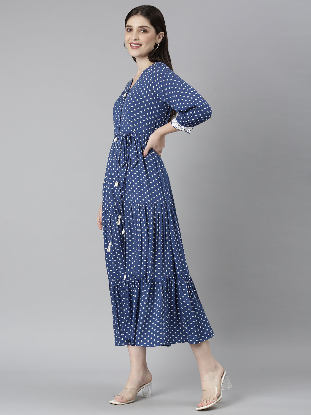 Neerus Blue rayon printed straight dress - back view
