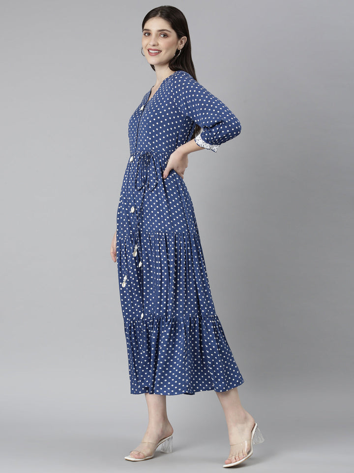 Neerus Blue rayon printed straight dress - back view