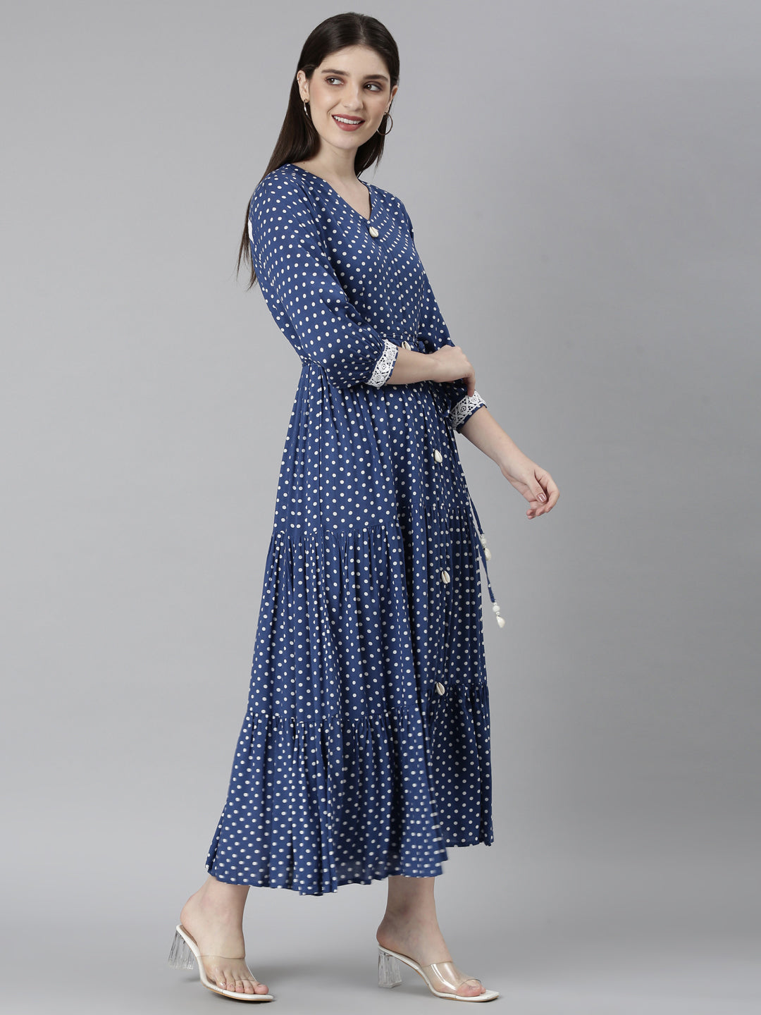 Neerus Blue rayon printed straight dress - side view