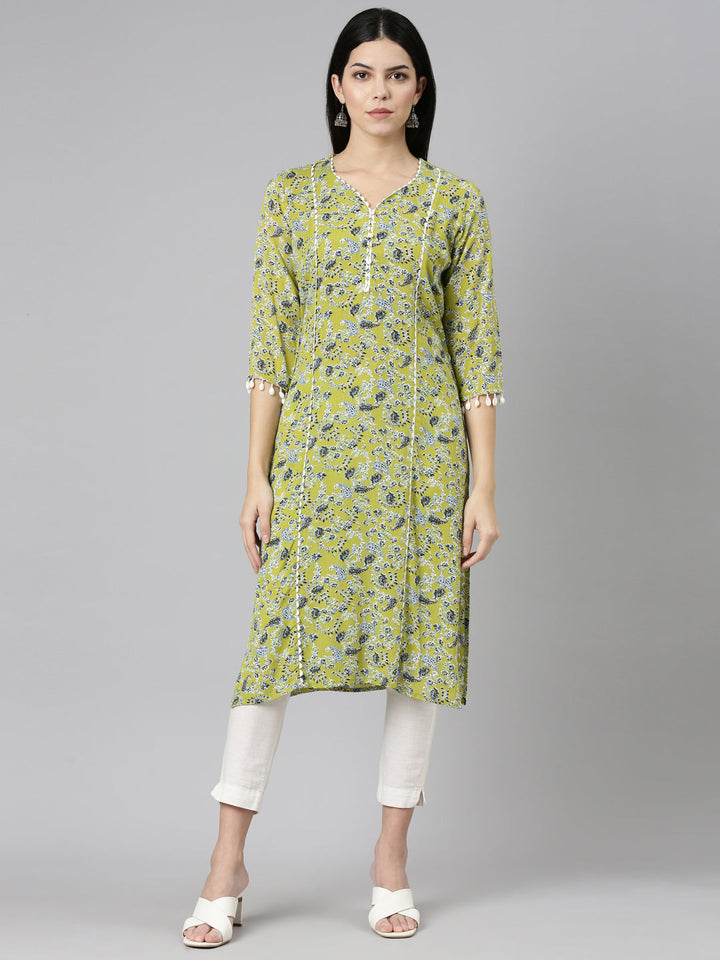 Neerus Green Rayon Printed Straight Kurti - front view