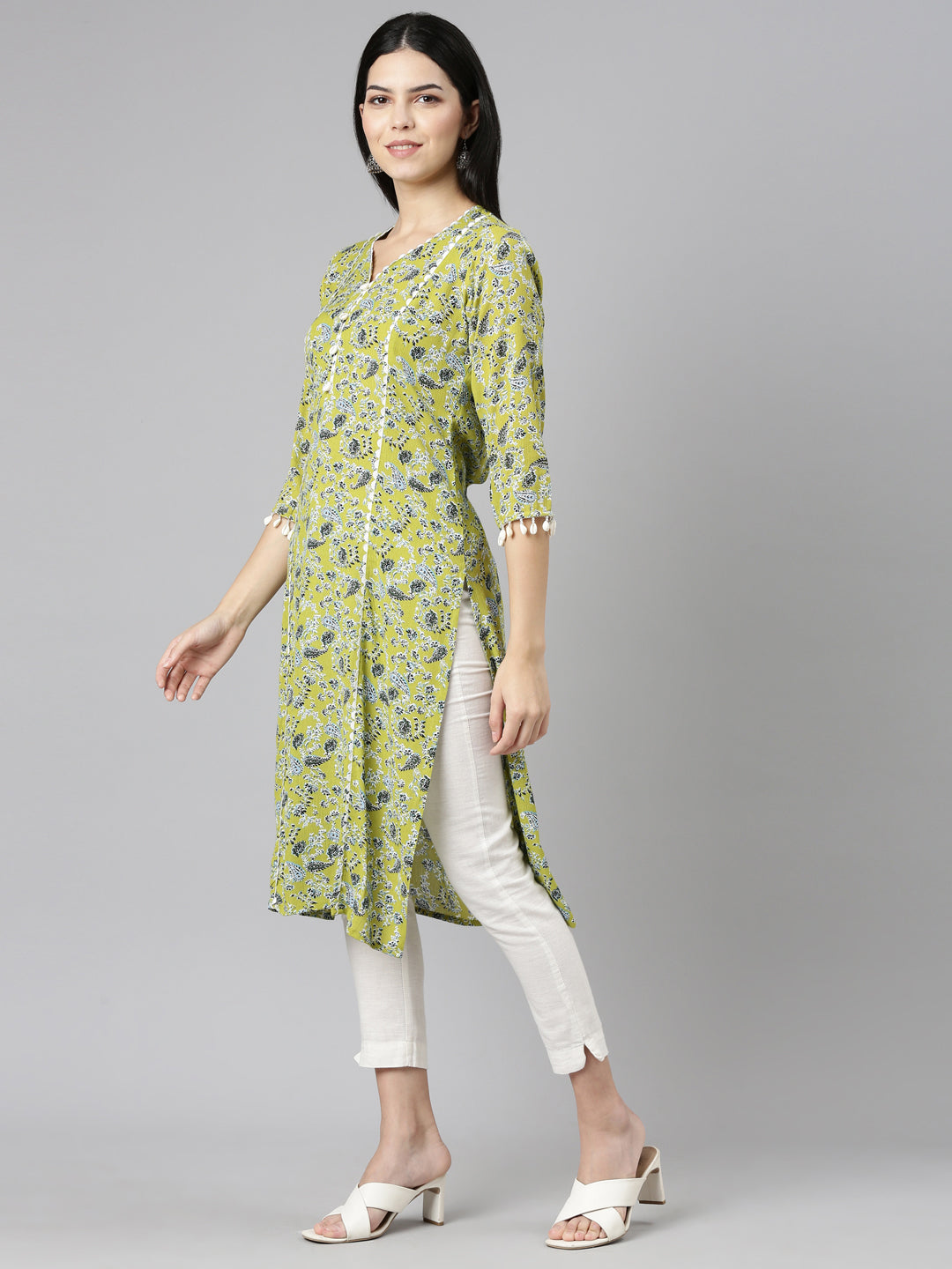Neerus Green Rayon Printed Straight Kurti - back view
