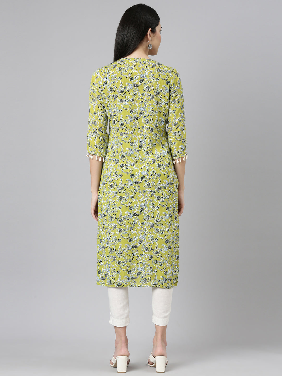 Neerus Green Rayon Printed Straight Kurti - side view