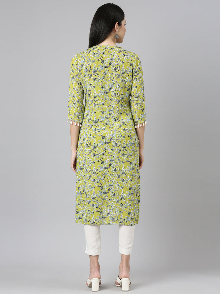 Neerus Green Rayon Printed Straight Kurti - side view
