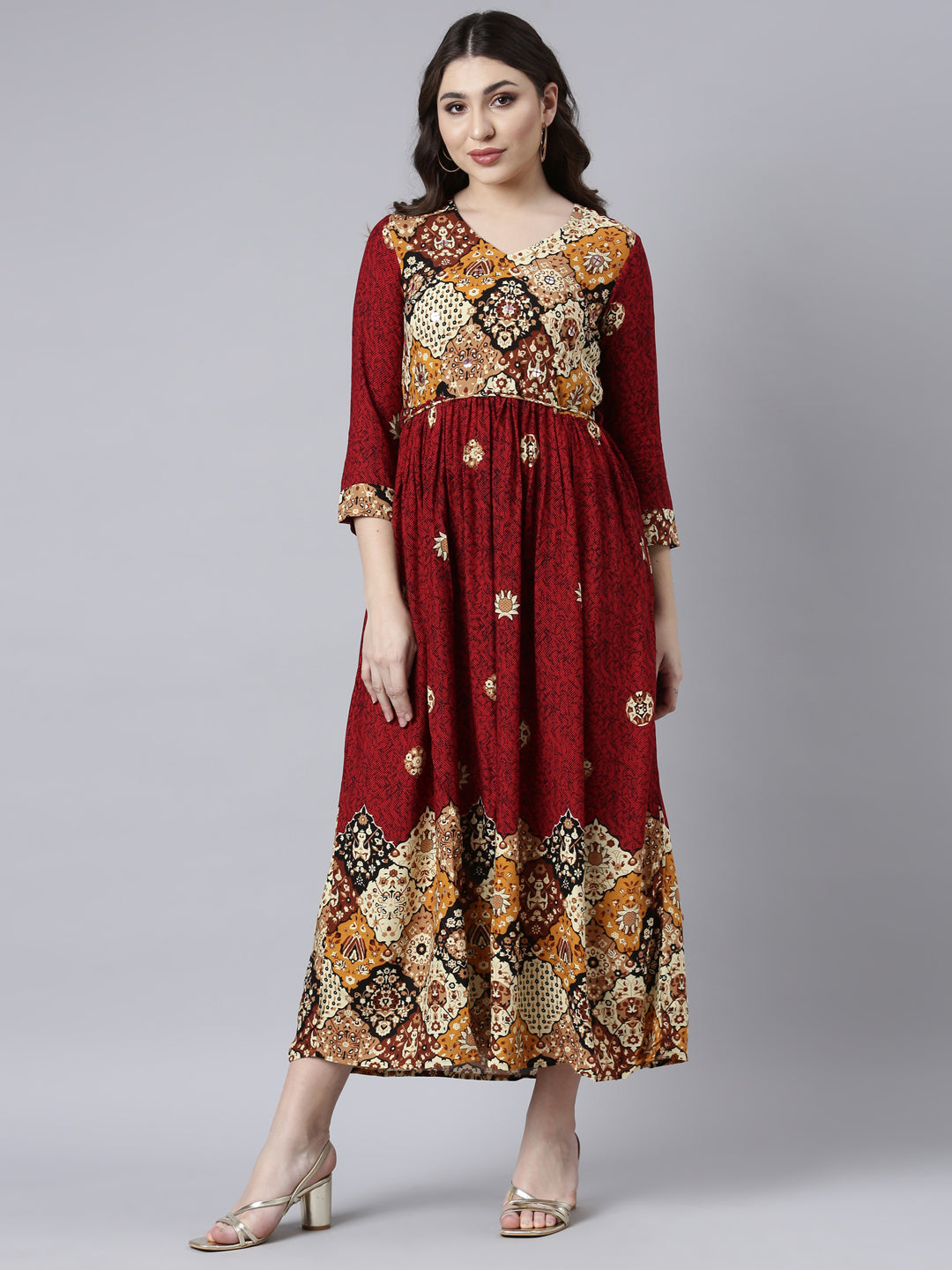 Neerus Maroon rayon printed maxi dress - detail view 2