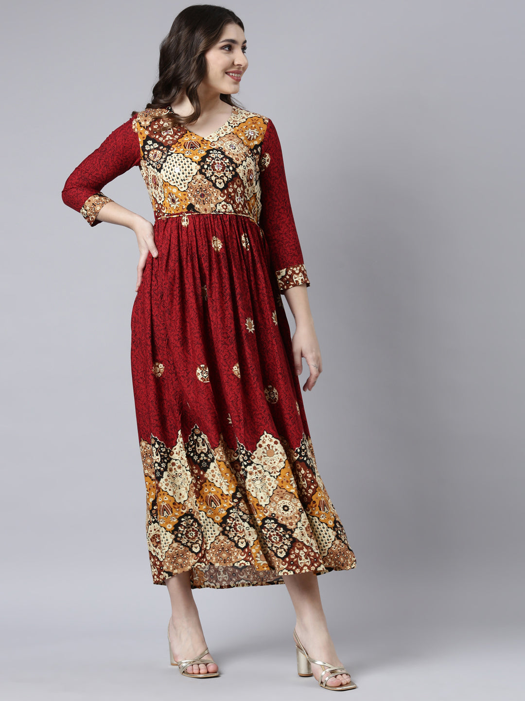 Neerus Maroon rayon printed maxi dress - back view