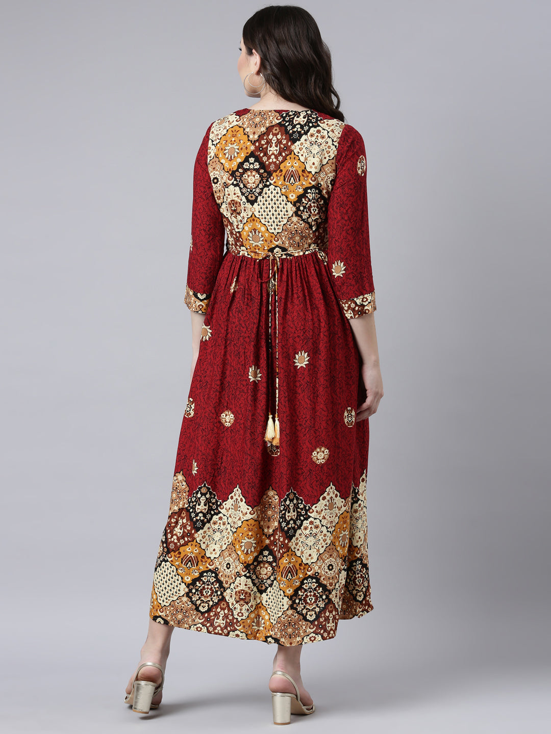 Neerus Maroon rayon printed maxi dress - side view