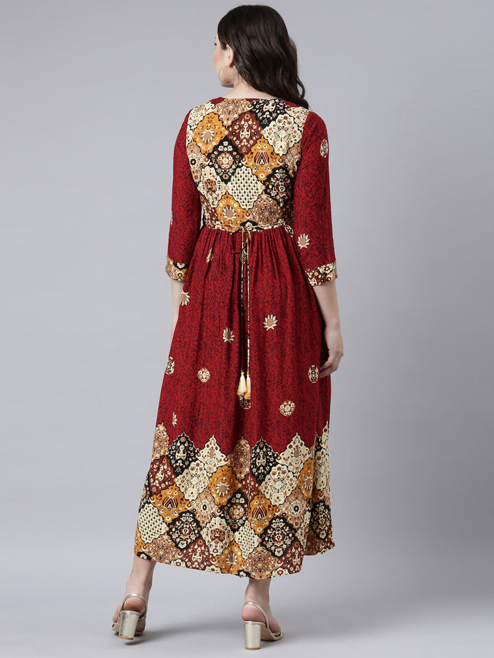 Neerus Maroon rayon printed maxi dress - side view