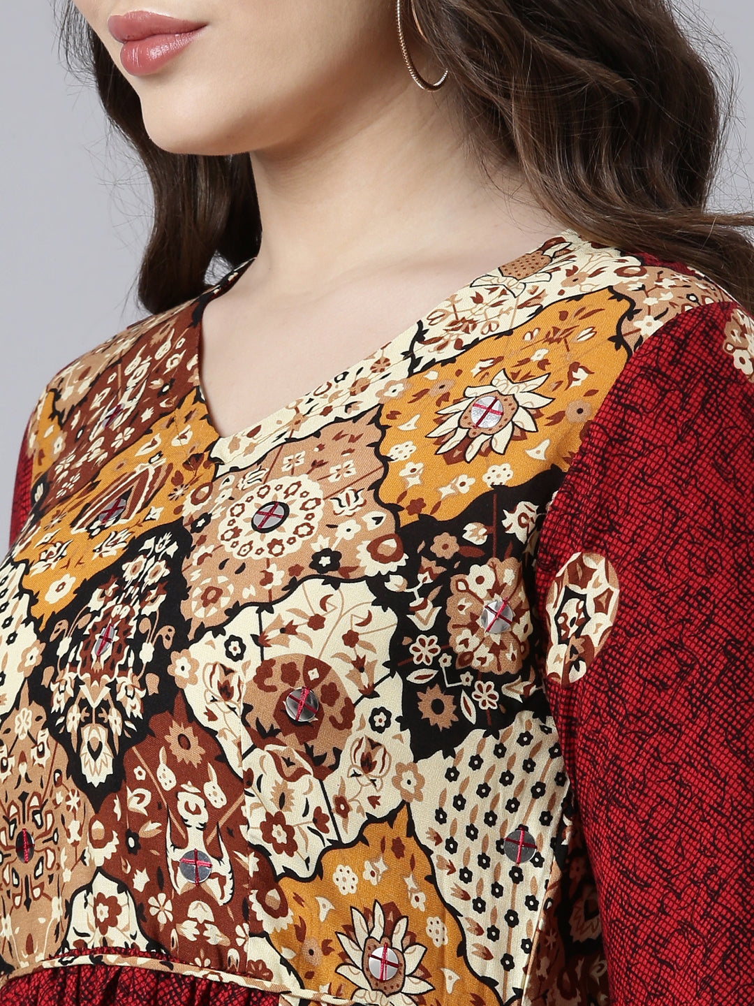 Neerus Maroon rayon printed maxi dress - detail view 1