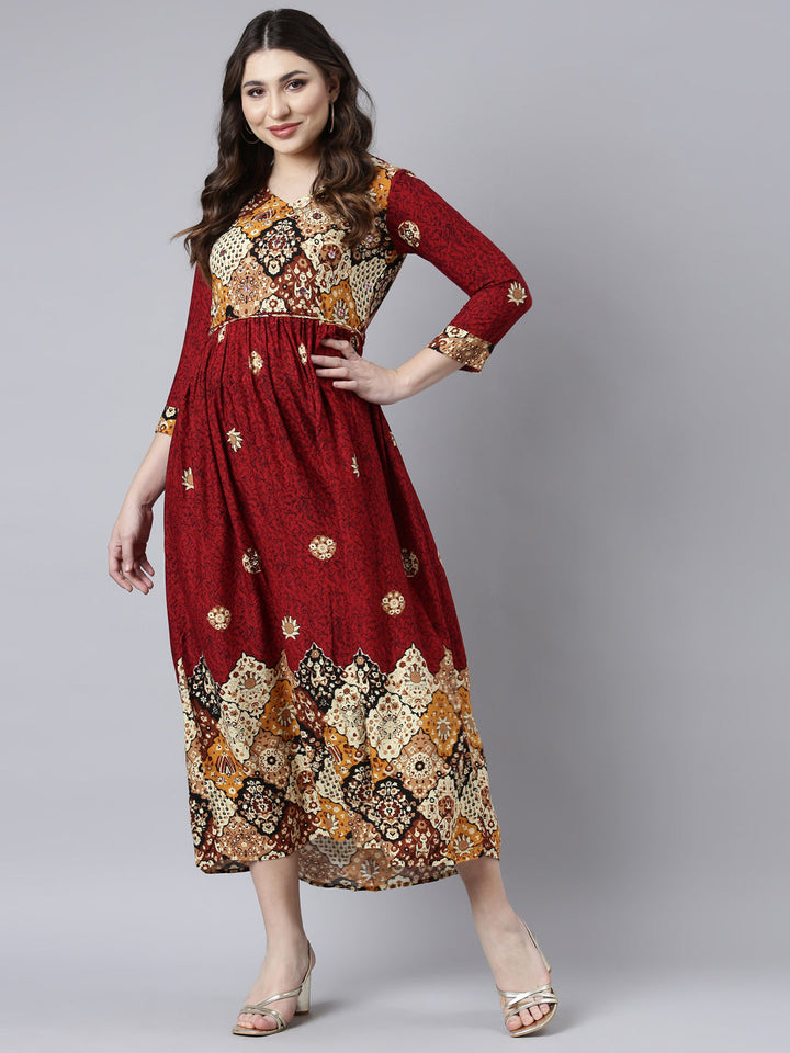Neerus Maroon rayon printed maxi dress - front view
