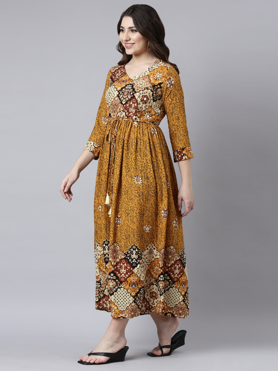 Neerus Yellow rayon printed maxi dress - back view